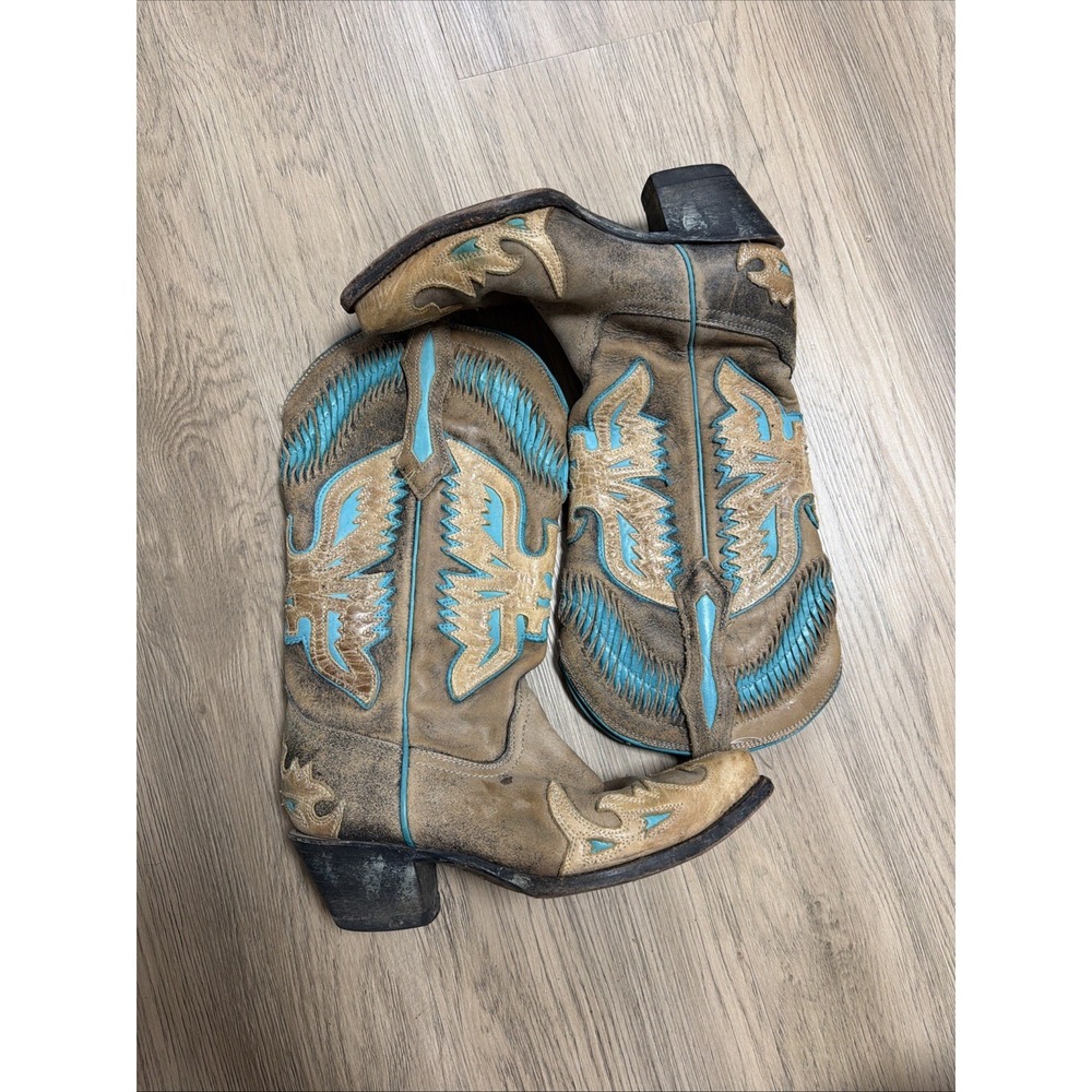 Corral Women's Antique Saddle Turquoise Eagle Overlay Snip Toe Size 6.5M Cowgirl